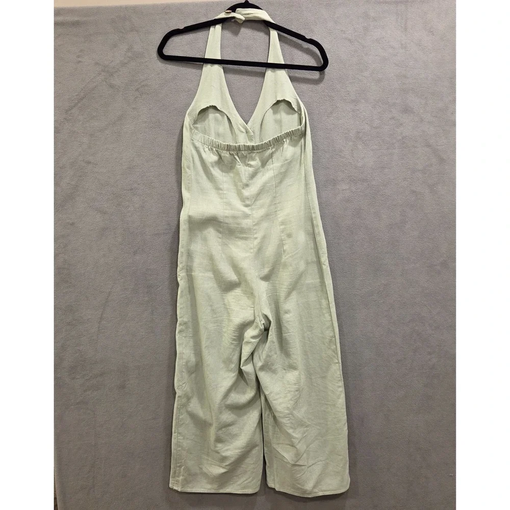 Linen Blend Jumpsuit Womens‎ Size 5 Halter Style V Neck Wide Leg Sage Green Boho
